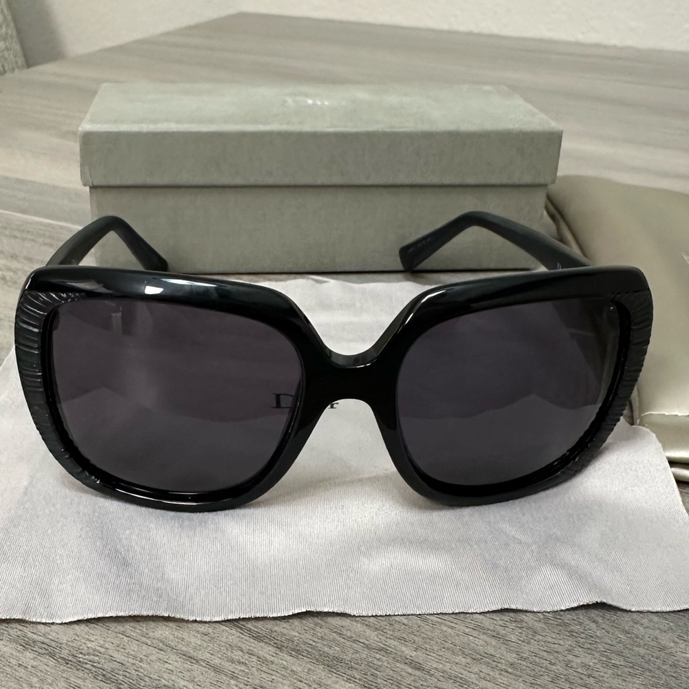 Dior Black Leather Frame Vintage Oversized Sunglasses